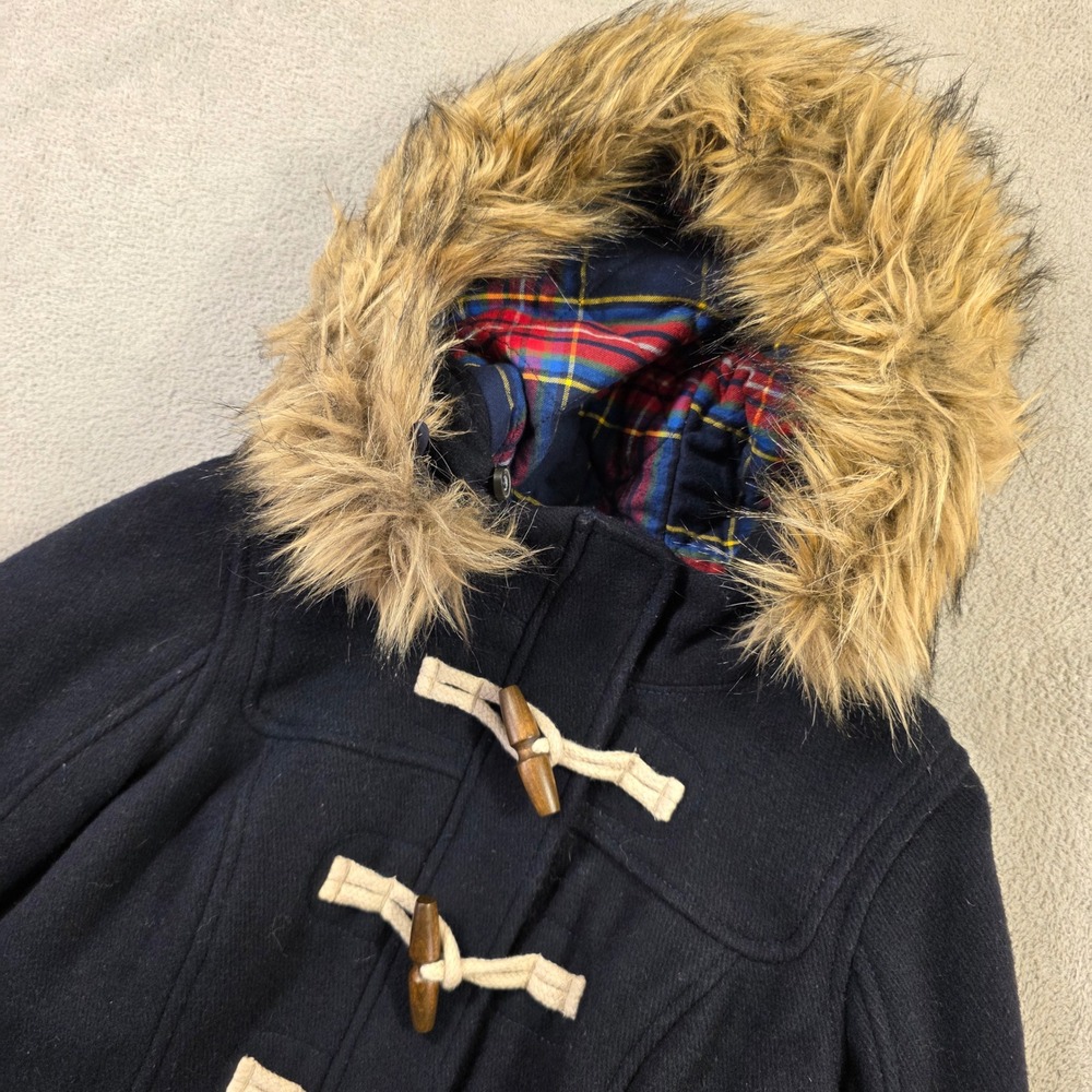 Abercrombie & Fitch Duffle Coat Women Small Navy Blue Faux Fur Hood Preppy Coat